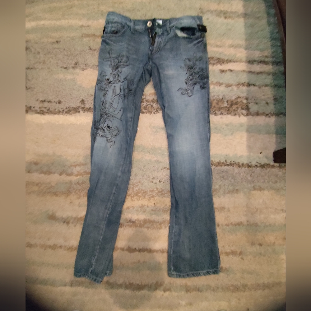 Planet Gold Light Blue Embroidered Flare Jeans